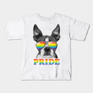 Boston Terrier LGBT Pride Rainbow Flag Sunglasses Kids T-Shirt